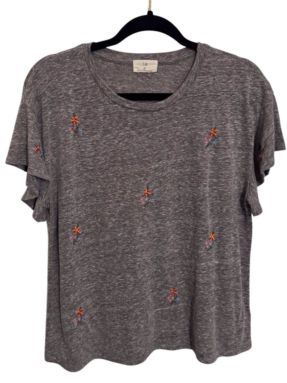 T.La Anthro Size Small Gray Floral Embroidered Tee Flutter Sleeve Blouse Boho